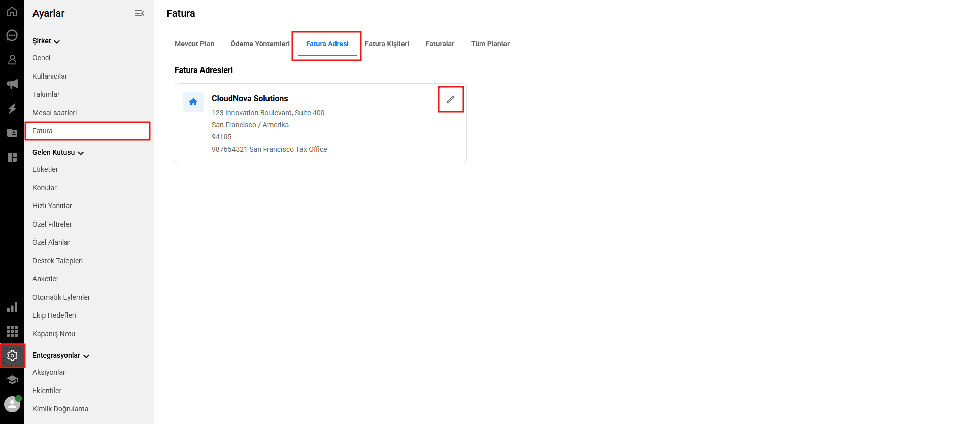 Billing address tab and edit icon in Qpien settings