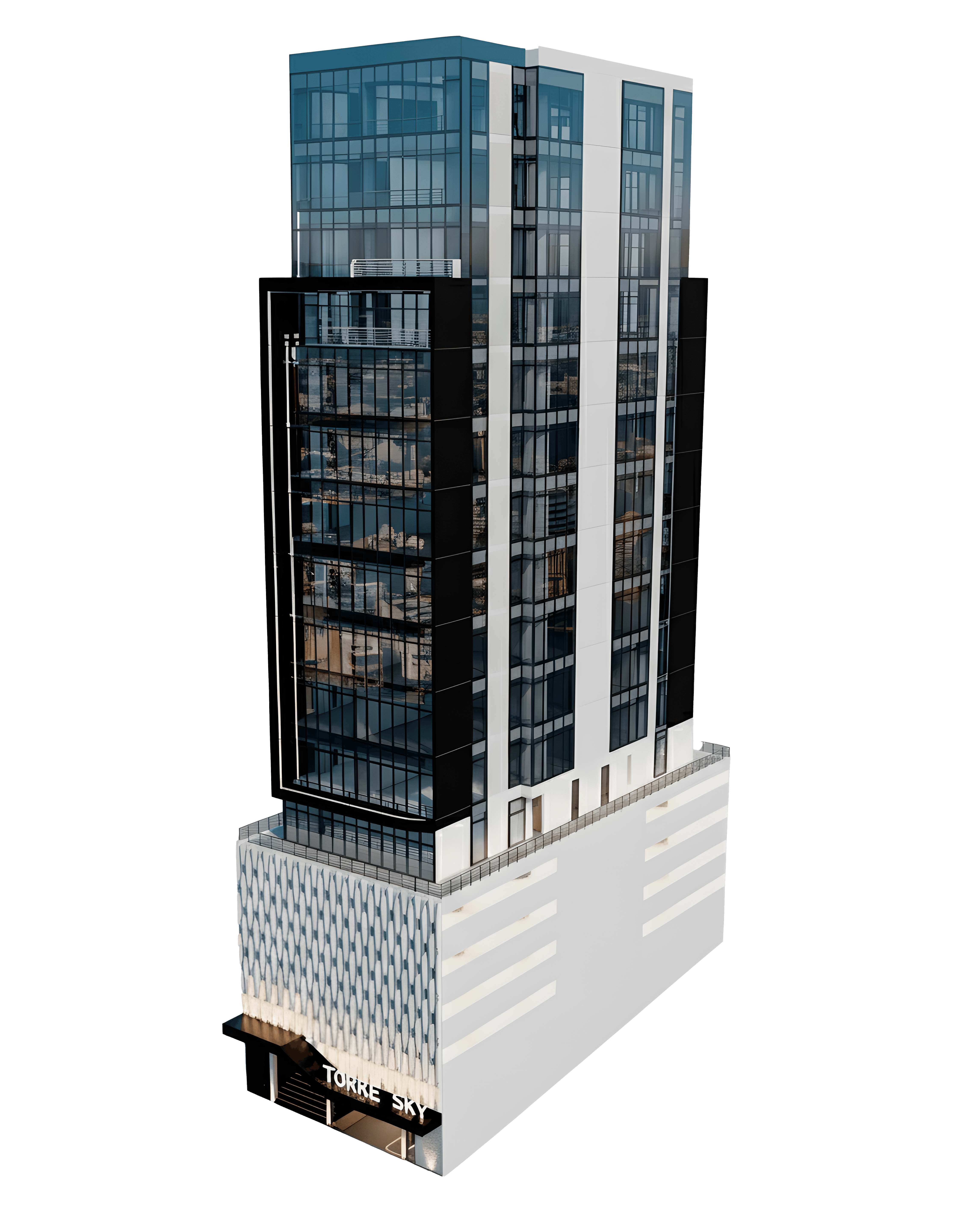 Rascacielos moderno con fachada de cristal y base blanca, que refleja el cielo azul y los edificios circundantes.