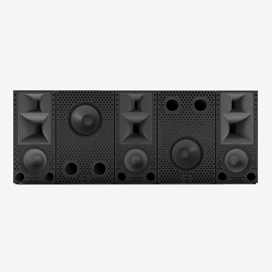 Black modular speakers with perforated fronts