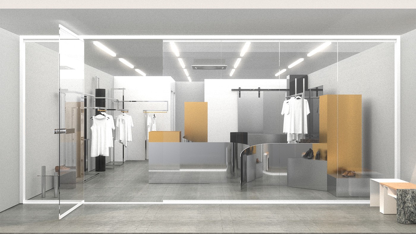 디스플레이 정면 전체 뷰 – 물성과 구조미를 살린 Inflected Showroom 상업 공간 디자인