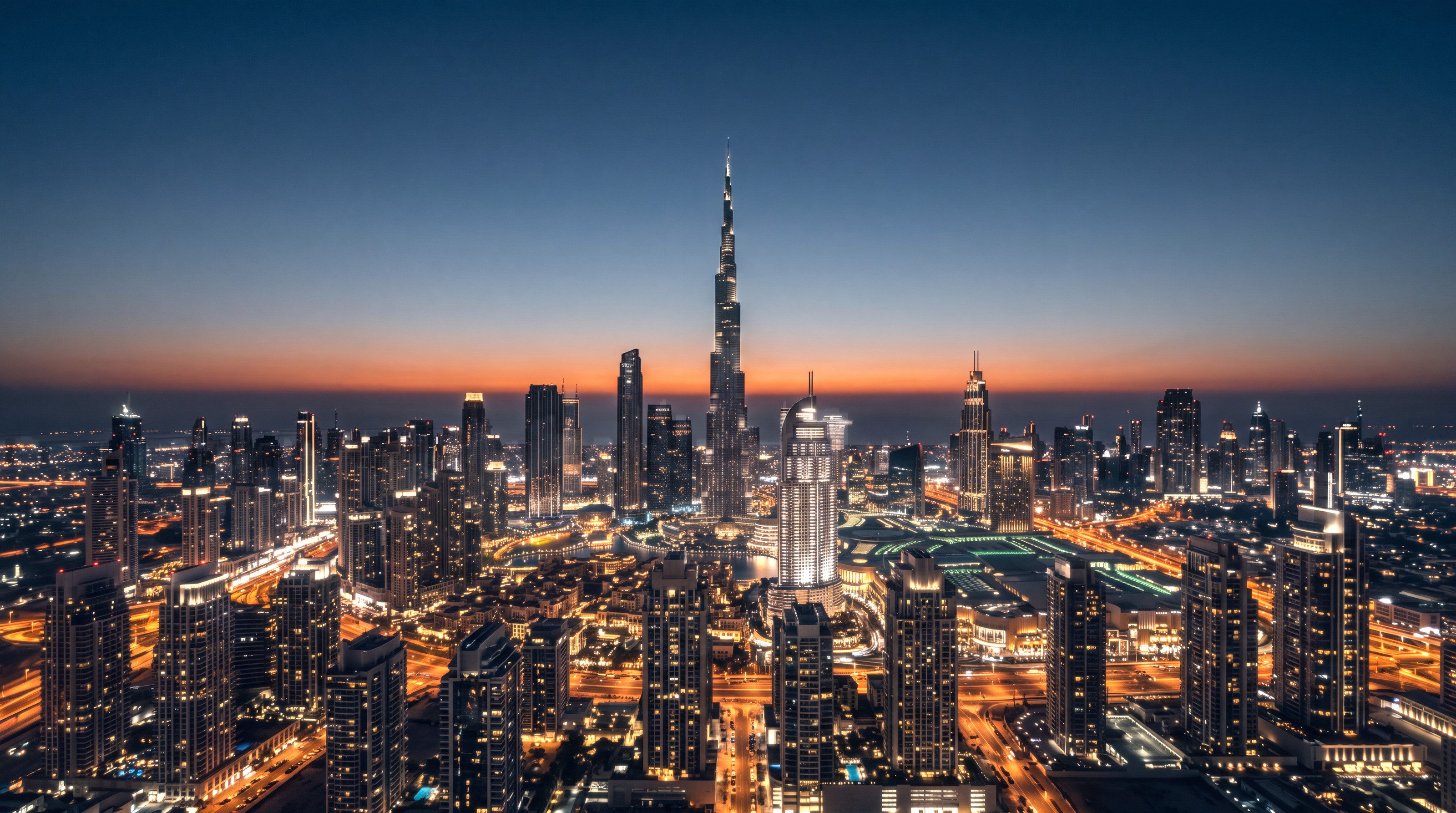 Downtown Dubai from the air at dusk, the Burj Khalifa lit against a deep blue sky