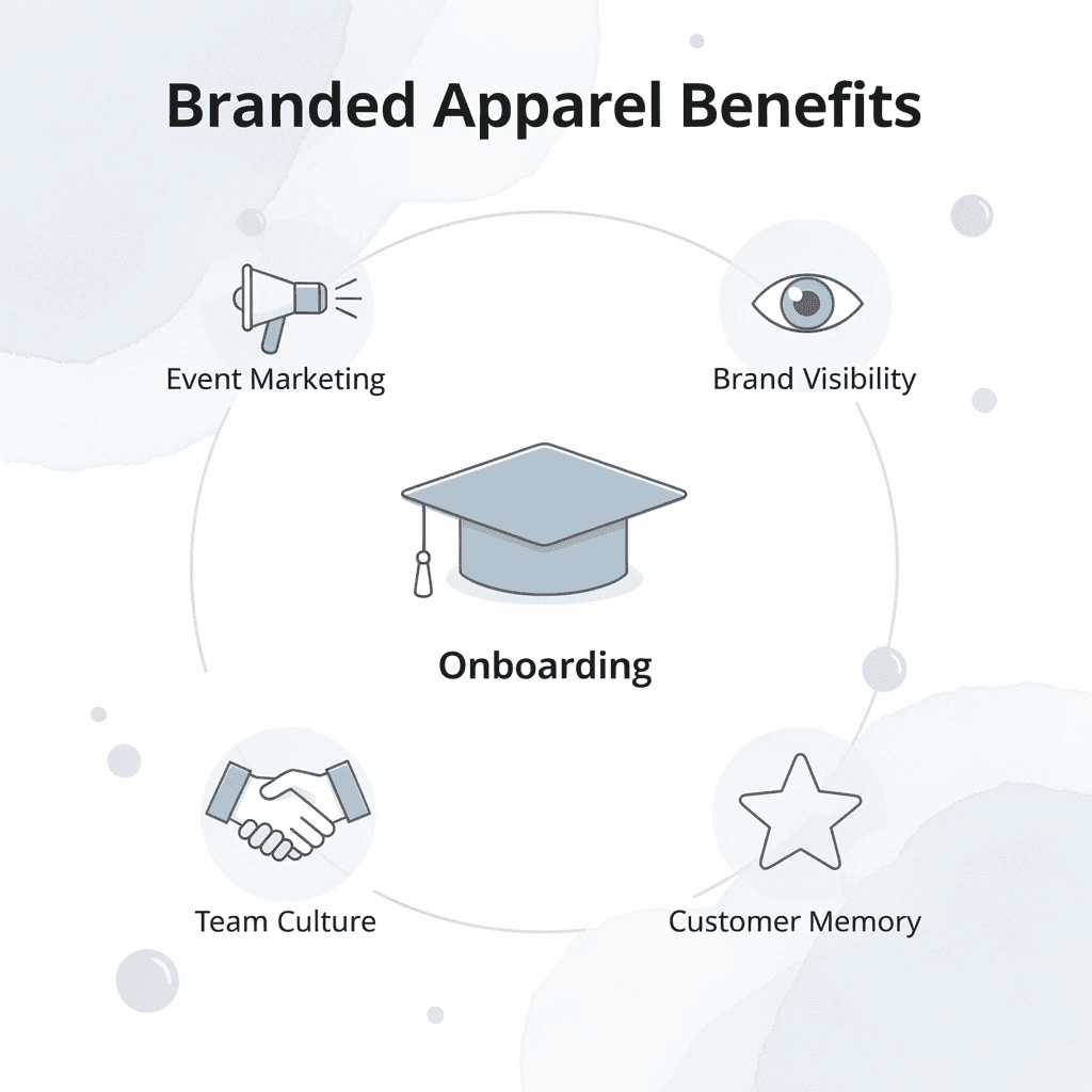 Hub and spoke infographic showing branded apparel connected to five business benefits