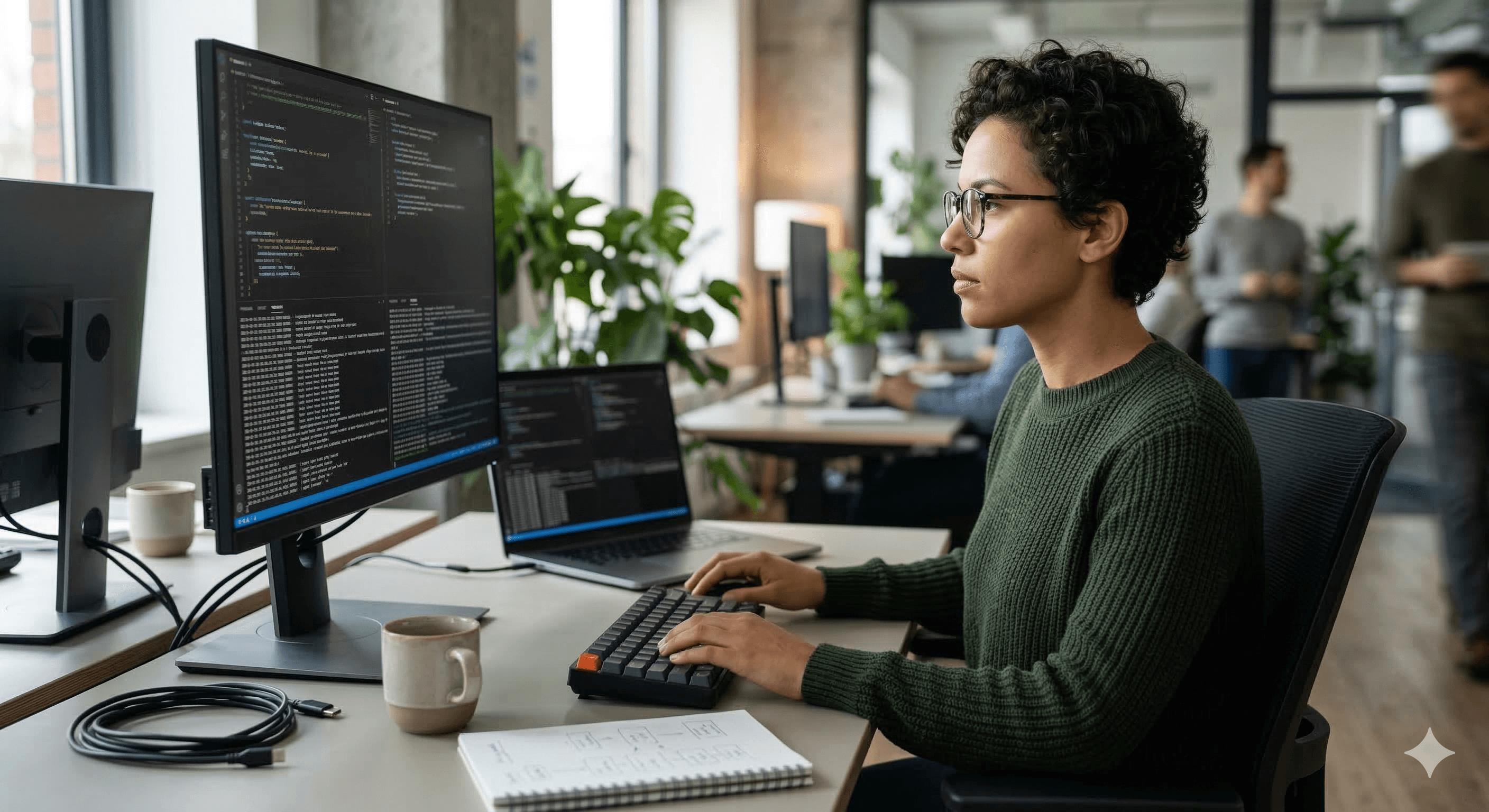 A focused individual sits at a desk coding software on a dual-monitor setup in a modern office, surrounded by colleagues, greenery, and notebooks, embodying a high-tech environment centered around API development and secure hosted containers.