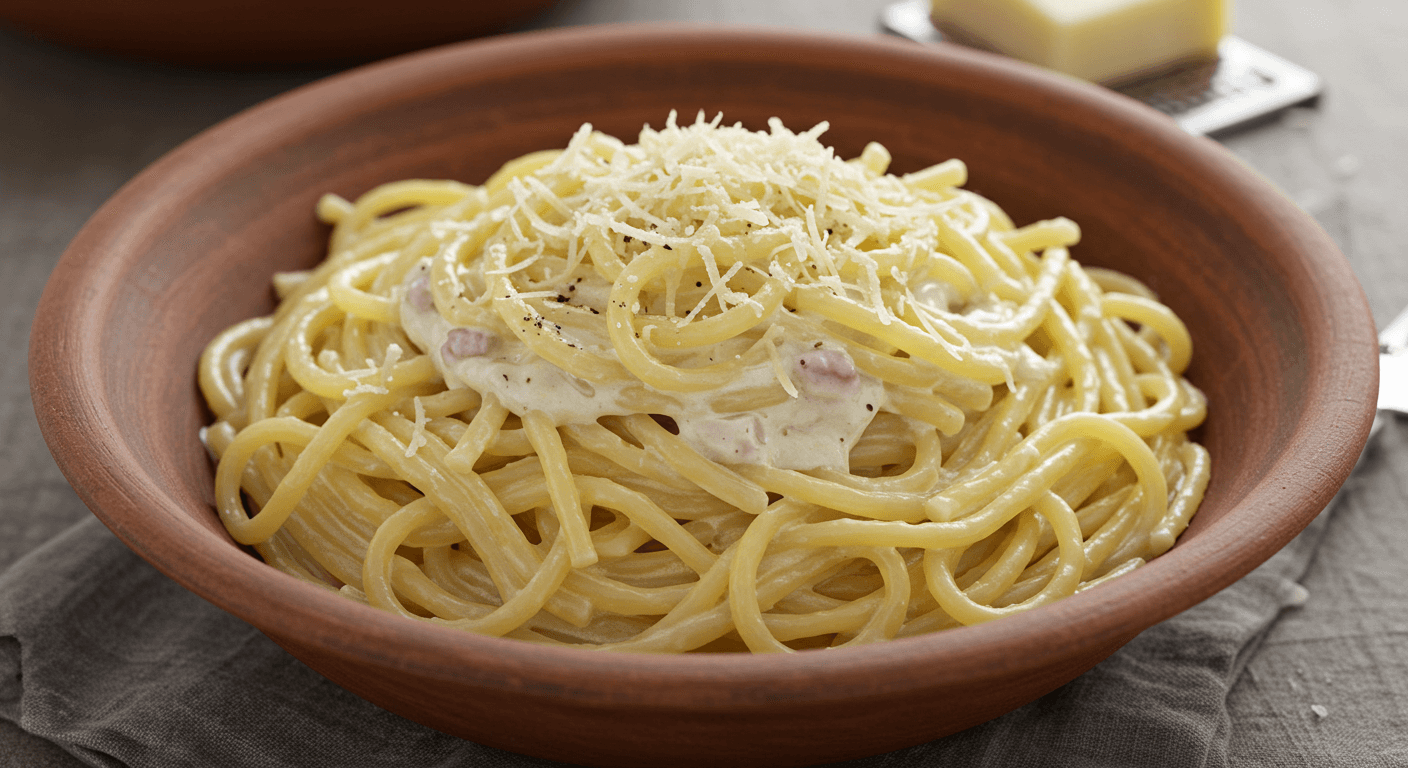 a bowl of pasta noodles with an alfredo sauce