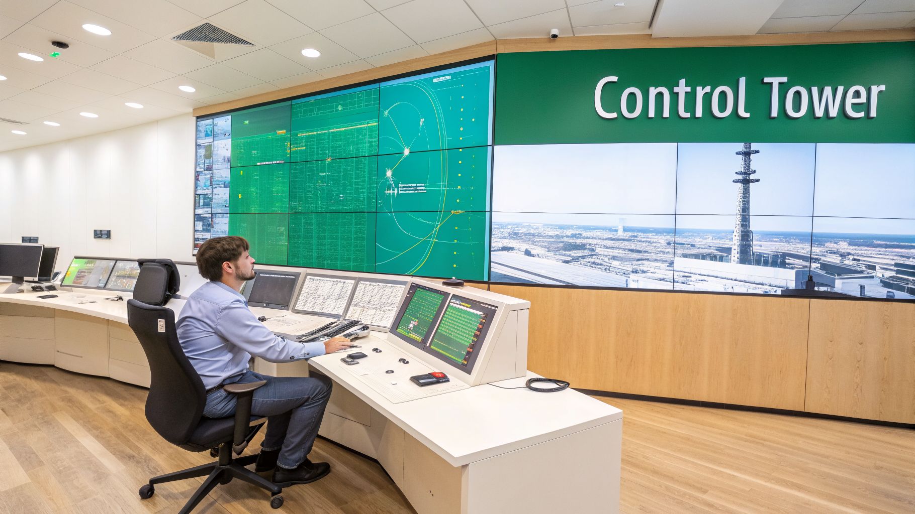 A male operator manages a control tower console with a massive multi-screen display showing data.