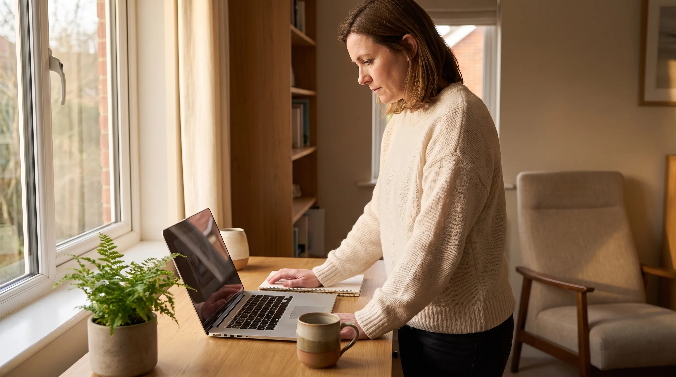 A professional reviewing private meeting notes on a MacBook at a home desk, the transcript kept local on the Mac