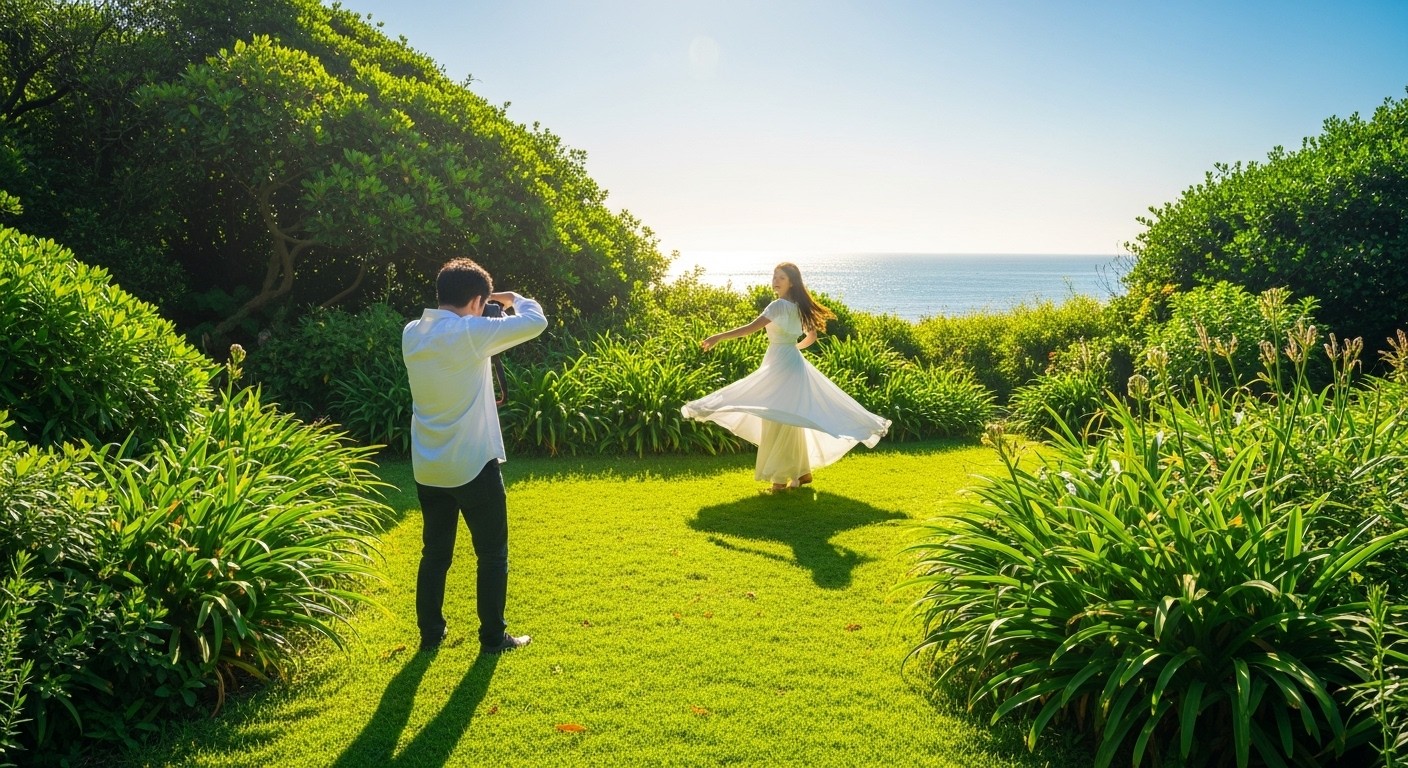 A photographer captures a woman twirling in a white dress on a sunny day near the ocean. Lush green foliage surrounds them.