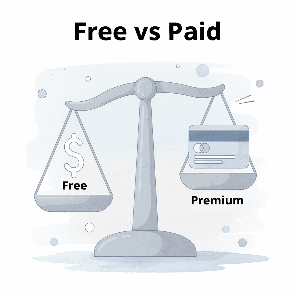 Balance scale comparing free and paid curriculum options