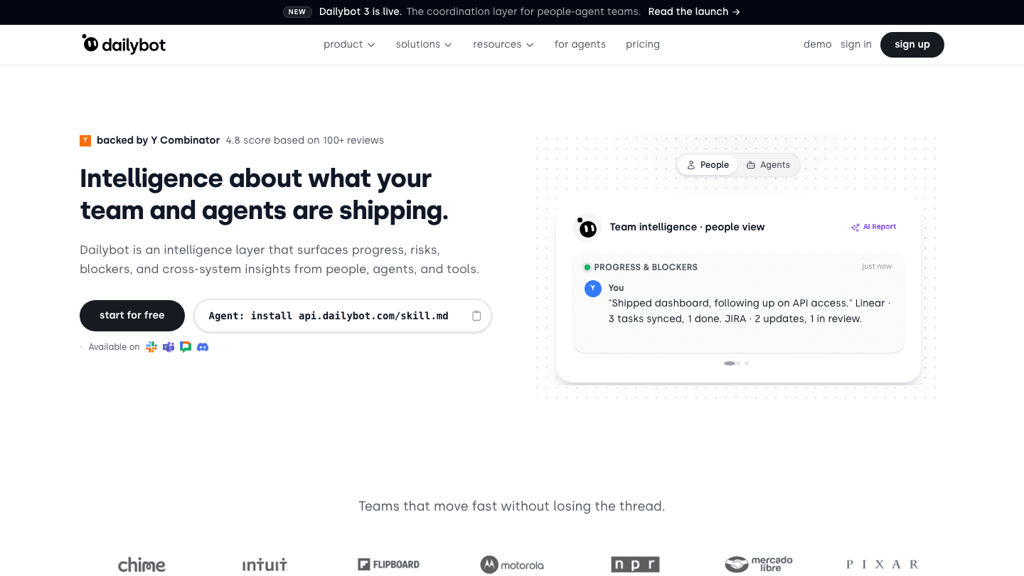DailyBot website showing team intelligence and standup automation features