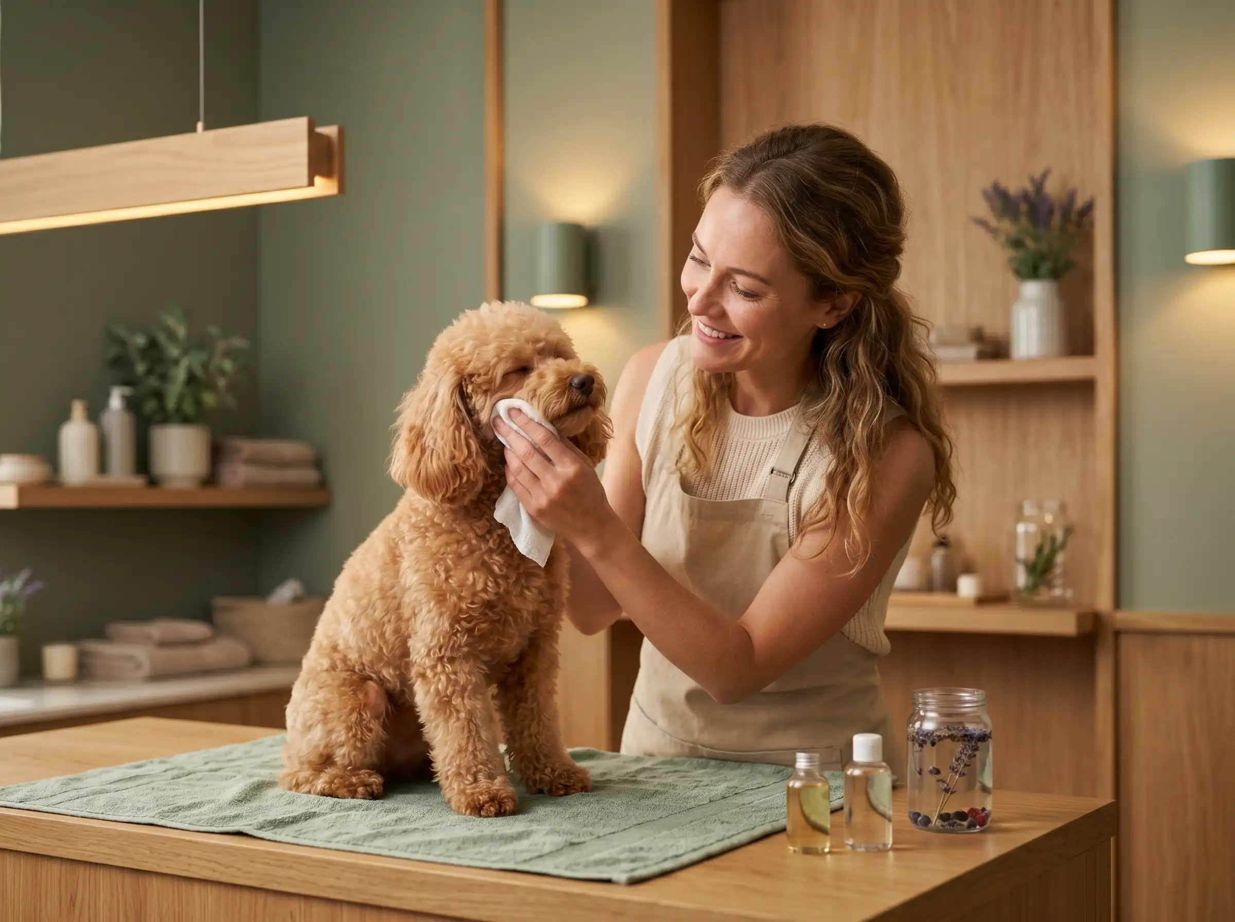 Dog receiving a gentle facial cleanse around the eyes and face.
