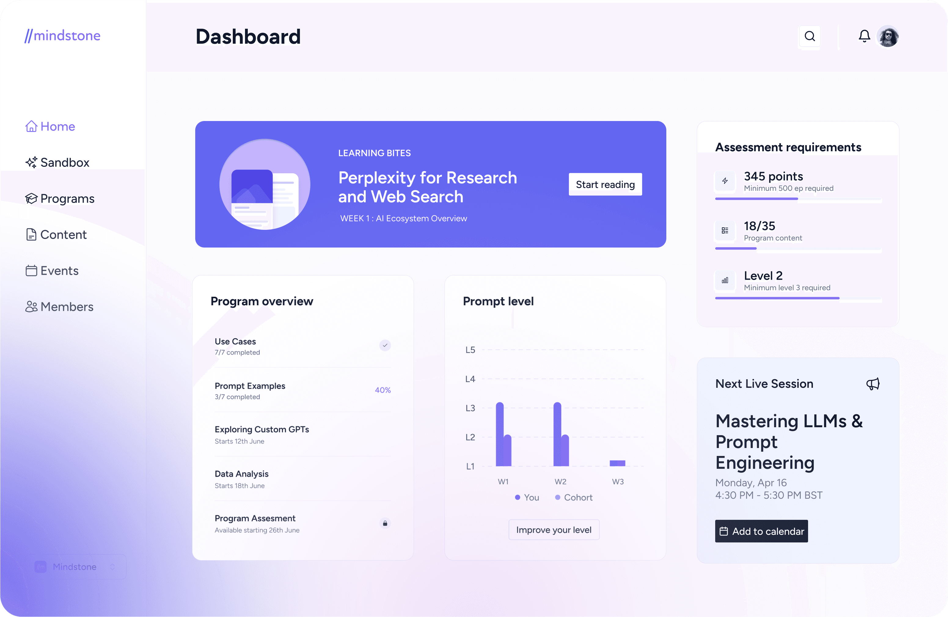 Screenshot of the main dashboard with gradients as background