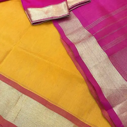 Gold Yellow Dark Pink Silk Cotton Saree