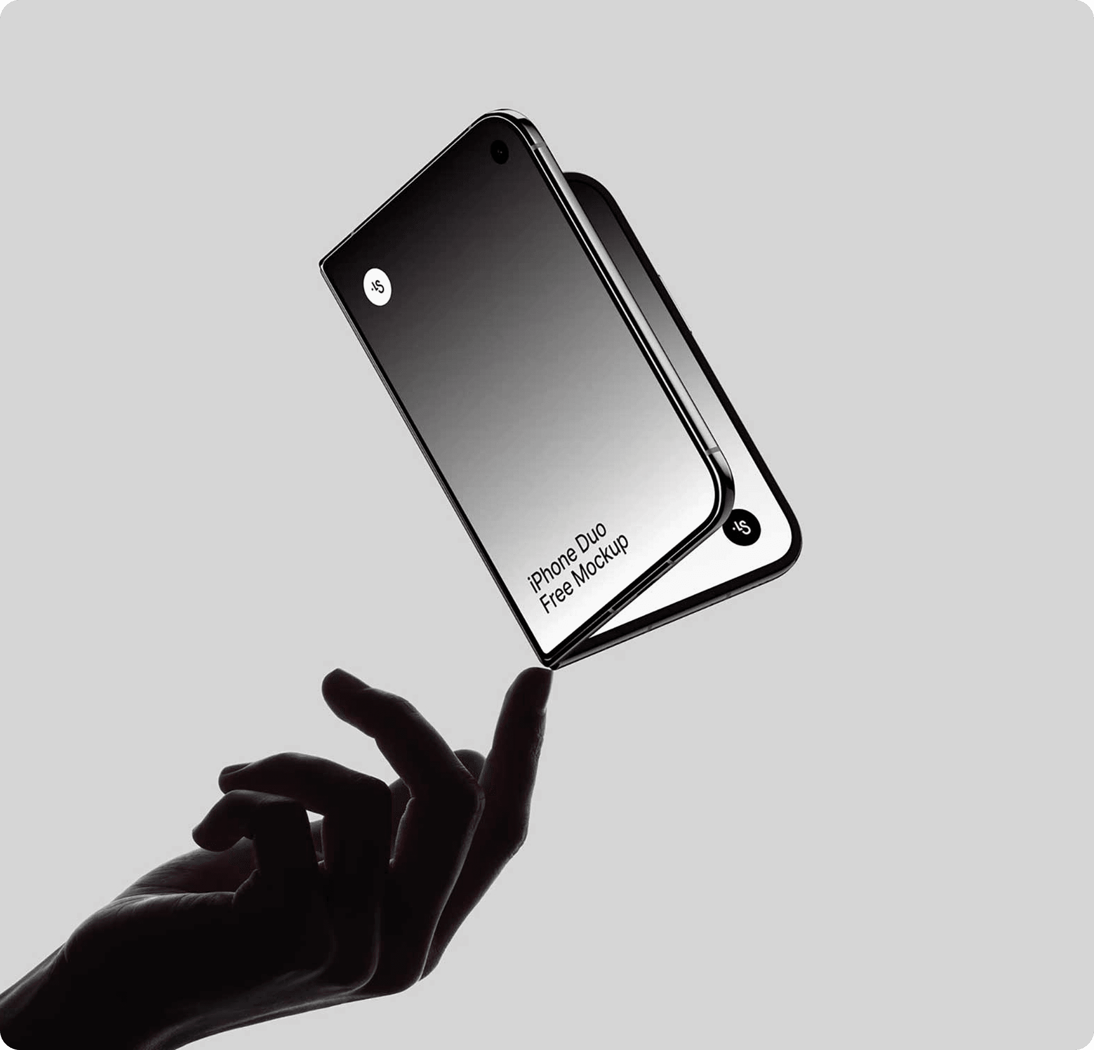 Hand balancing a floating foldable phone mockup on a fingertip, Driftly async video messaging app project