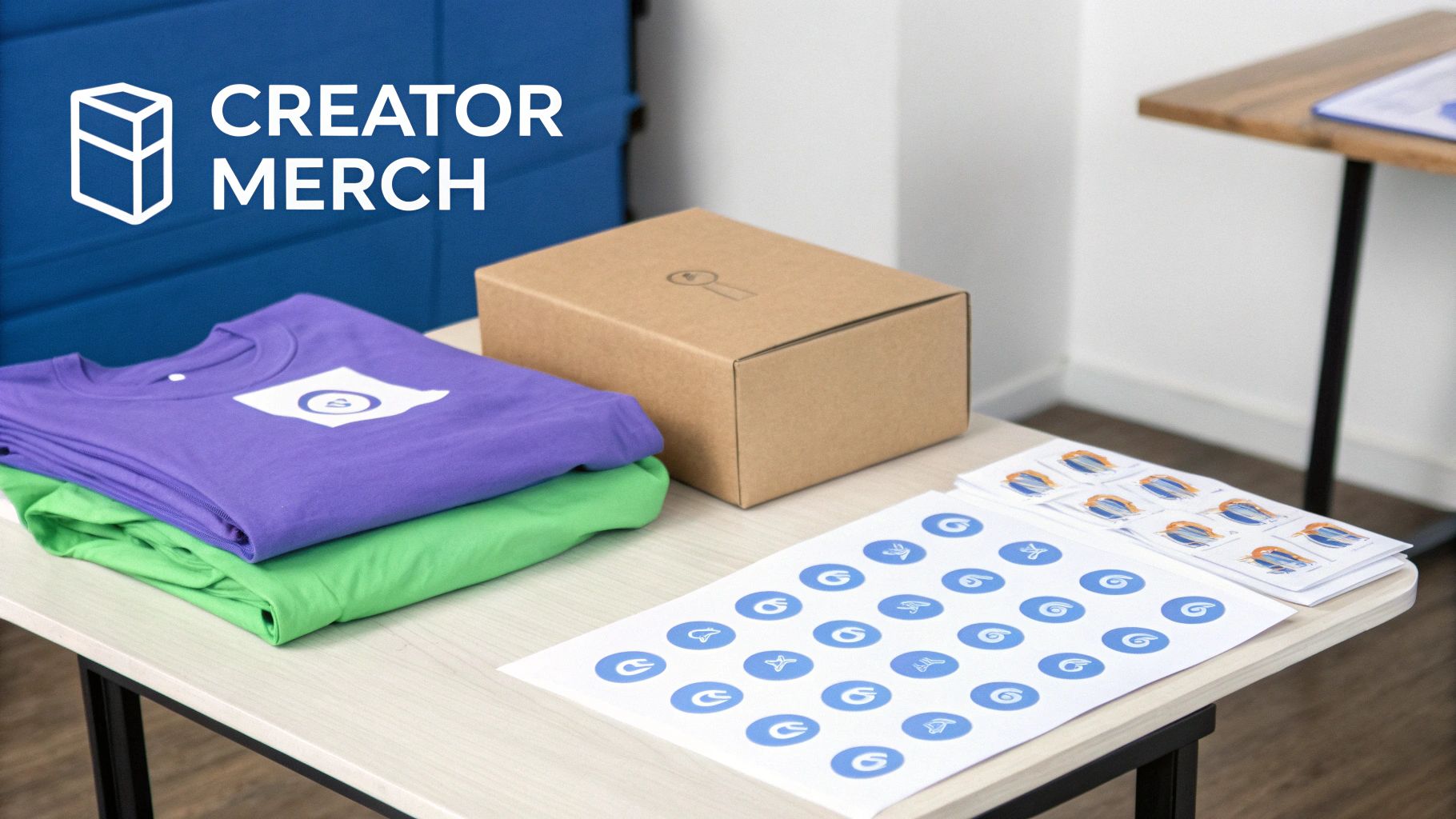 Branded creator merchandise, including t-shirts, a box, and various stickers, displayed on a wooden table.