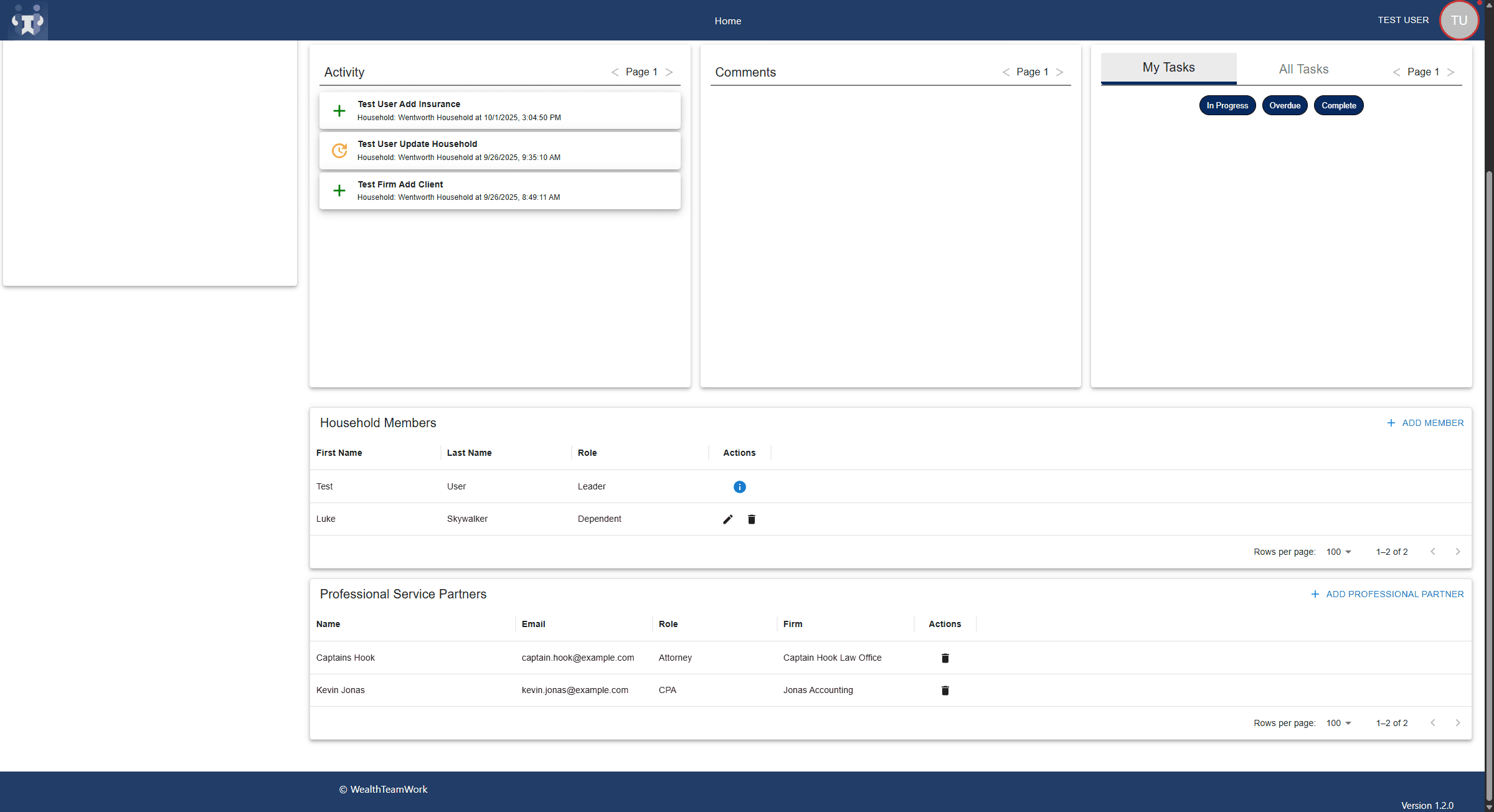 Pre-redesign screen for managing household members and professional partners, showing an unorganized layout with multiple tables and unclear relationships between users.