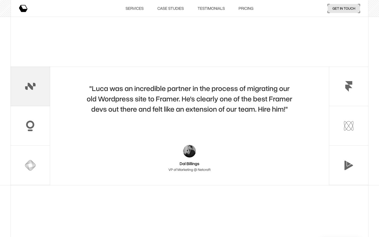 Testimonial quote with photo. Text: "Luca was an incredible partner... Hire him!" - Del Billings, VP of Marketing at Newstretch.