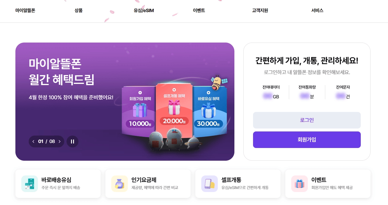 마이알뜰폰 공식 홈페이지 메인 화면 스크린샷입니다. '월간 혜택드림' 이벤트 배너와 함께 회원가입(1만 원), 셀프개통(2만 원), 바로유심(3만 원) 혜택이 안내되어 있으며, 우측에는 데이터 및 통화 잔여량을 확인할 수 있는 간편 가입/로그인 섹션이 보입니다.
