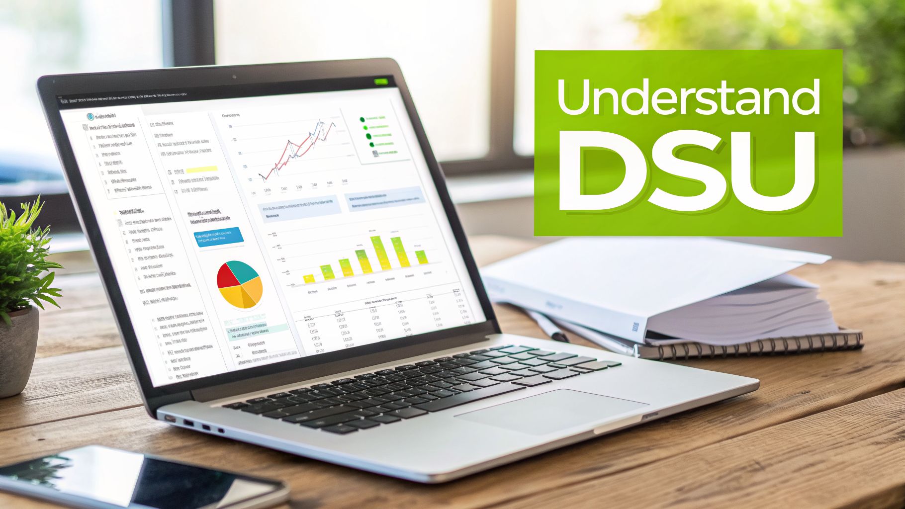 Laptop displaying financial analytics with charts and graphs on a wooden desk, next to 'Understand DSU' text.