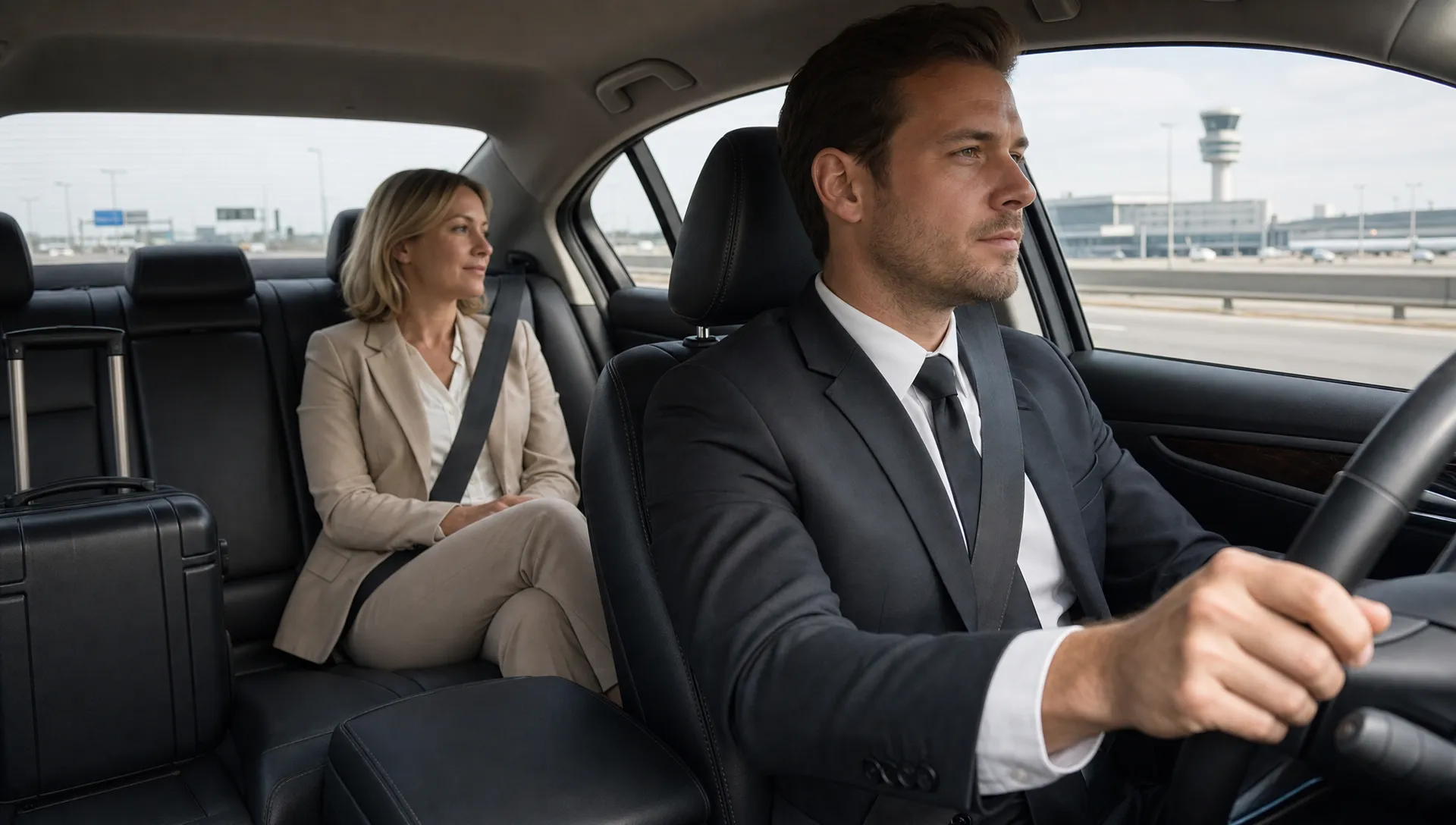 Een mannelijke chauffeur rijdt een premium sedan terwijl een vrouwelijke executive ontspannen achterin zit met handbagage naast haar, in een rustige transfer naar de luchthaven langs een brede snelweg.