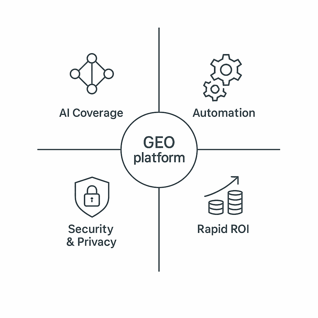 Quadrant diagram with icons symbolizing coverage, automation, ROI speed, and security for evaluating GEO platforms.