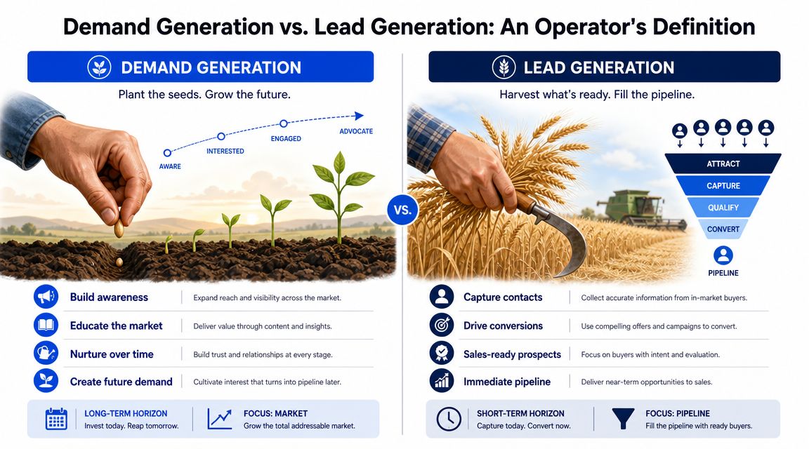 An infographic comparing demand generation and lead generation using farming metaphors for B2B marketing strategies.