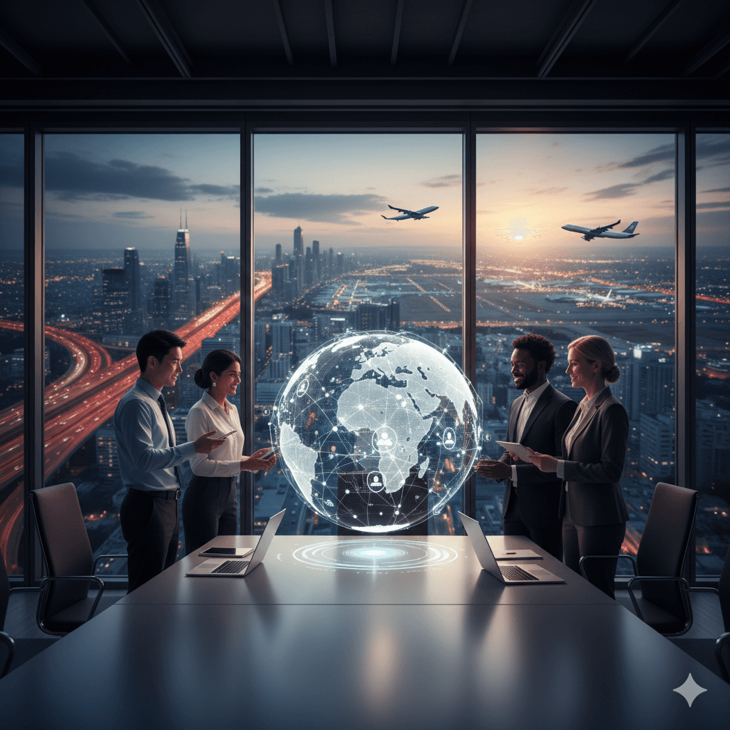 Global business professionals collaborating in a modern office overlooking the Dwarka Expressway corridor