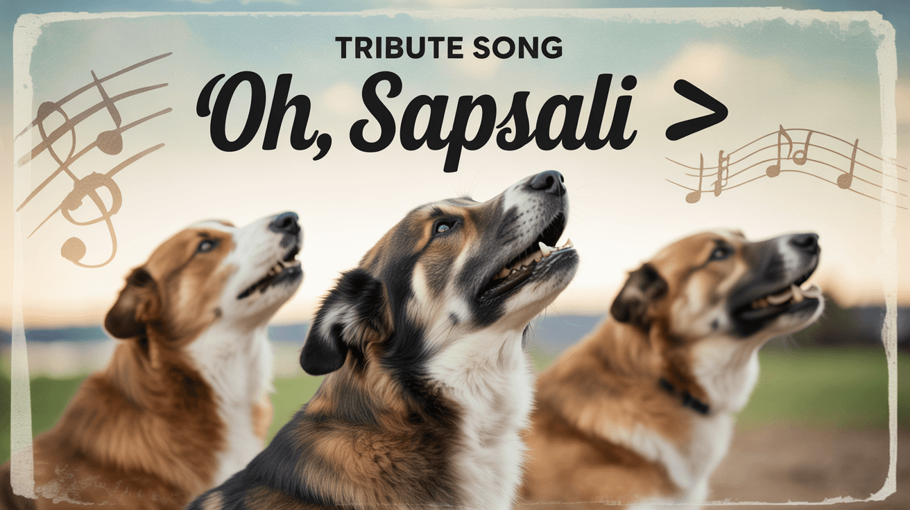 Three Sapsali dogs with central howling pose warm sunset retro record-cover style and Oh Sapsali text
