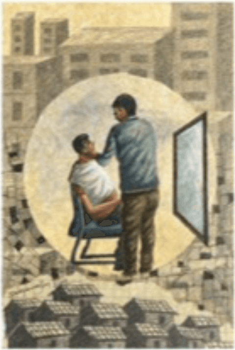 herd of sheep on road painting