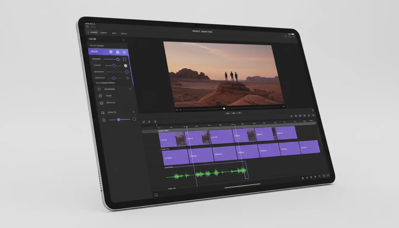 A screenshot of the Final Cut Pro for iPad video editing software, featuring a Modern Dark Mode UI. The clean interface layout shows a left sidebar with detailed color adjustment sliders and UI elements. The main area contains a large video preview window of a desert scene with people on rocks, positioned above a complex multi-track timeline with video clip thumbnails and green audio waveforms. The design uses vibrant purple and blue accent colors for selected buttons and components, with abstracted text labels and placeholder icons on a dark charcoal background, all displayed on an Apple iPad Pro against a stark white backdrop.