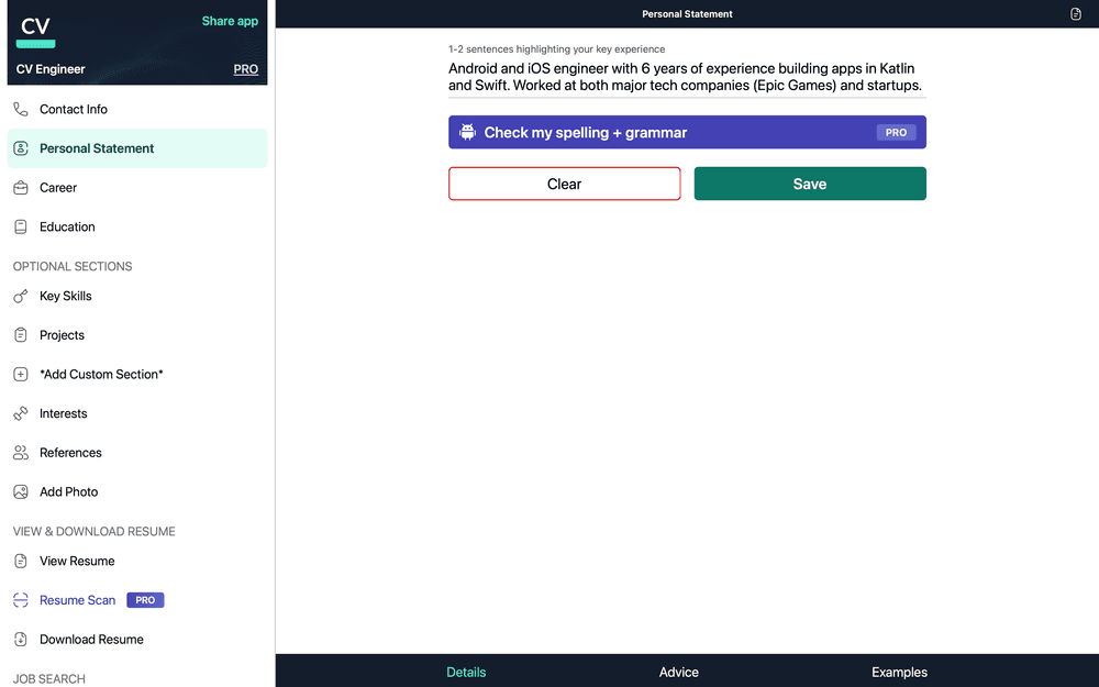 Screenshot of the Personal Statement screen in the CV Engineer Mac app