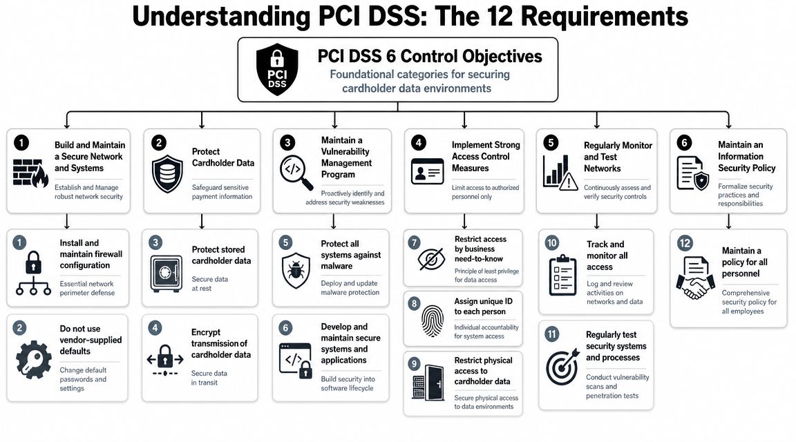 A diagram illustrating the twelve requirements for PCI DSS compliance and its six foundational control objectives.
