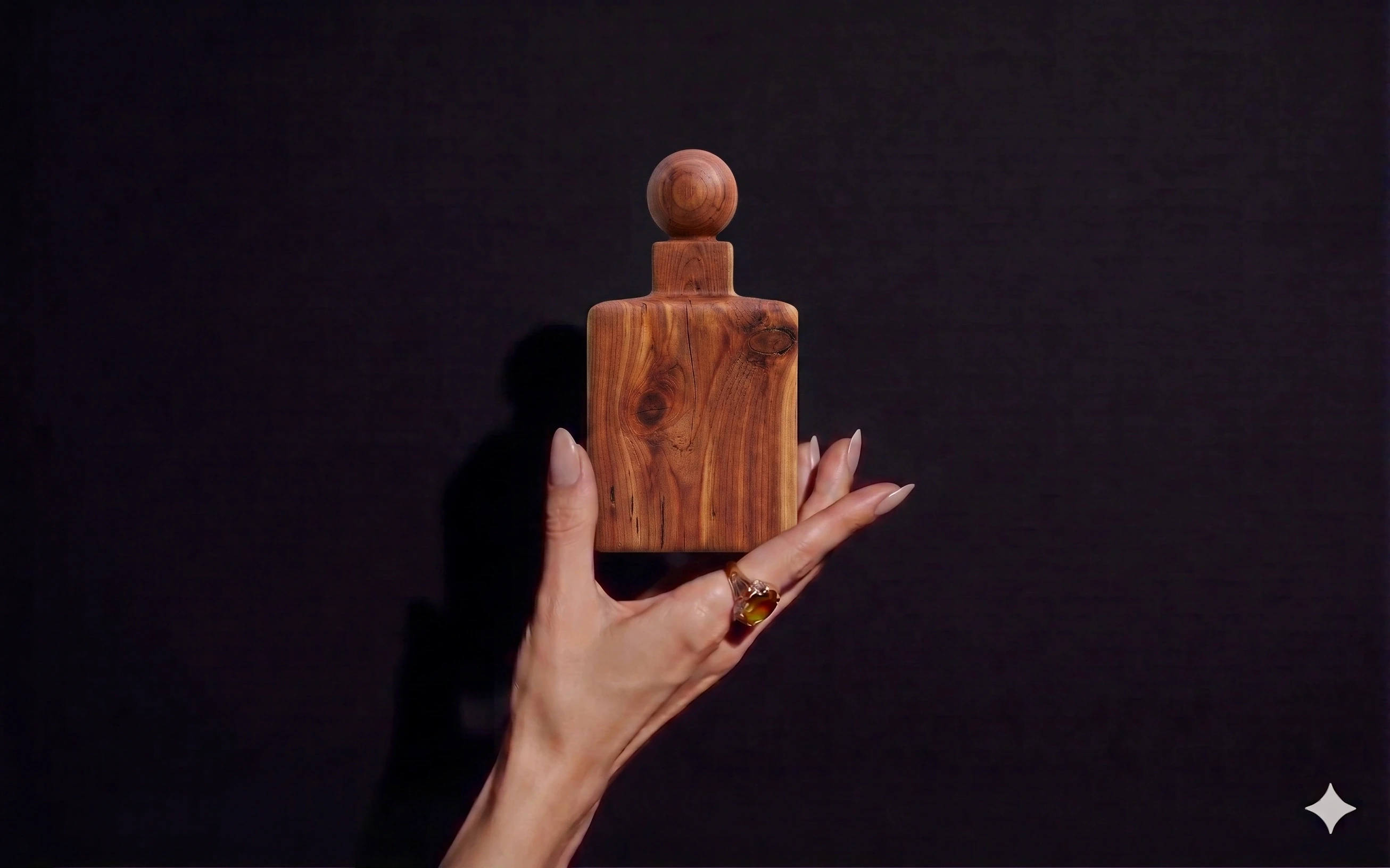mano cogiendo frasco perfume madera