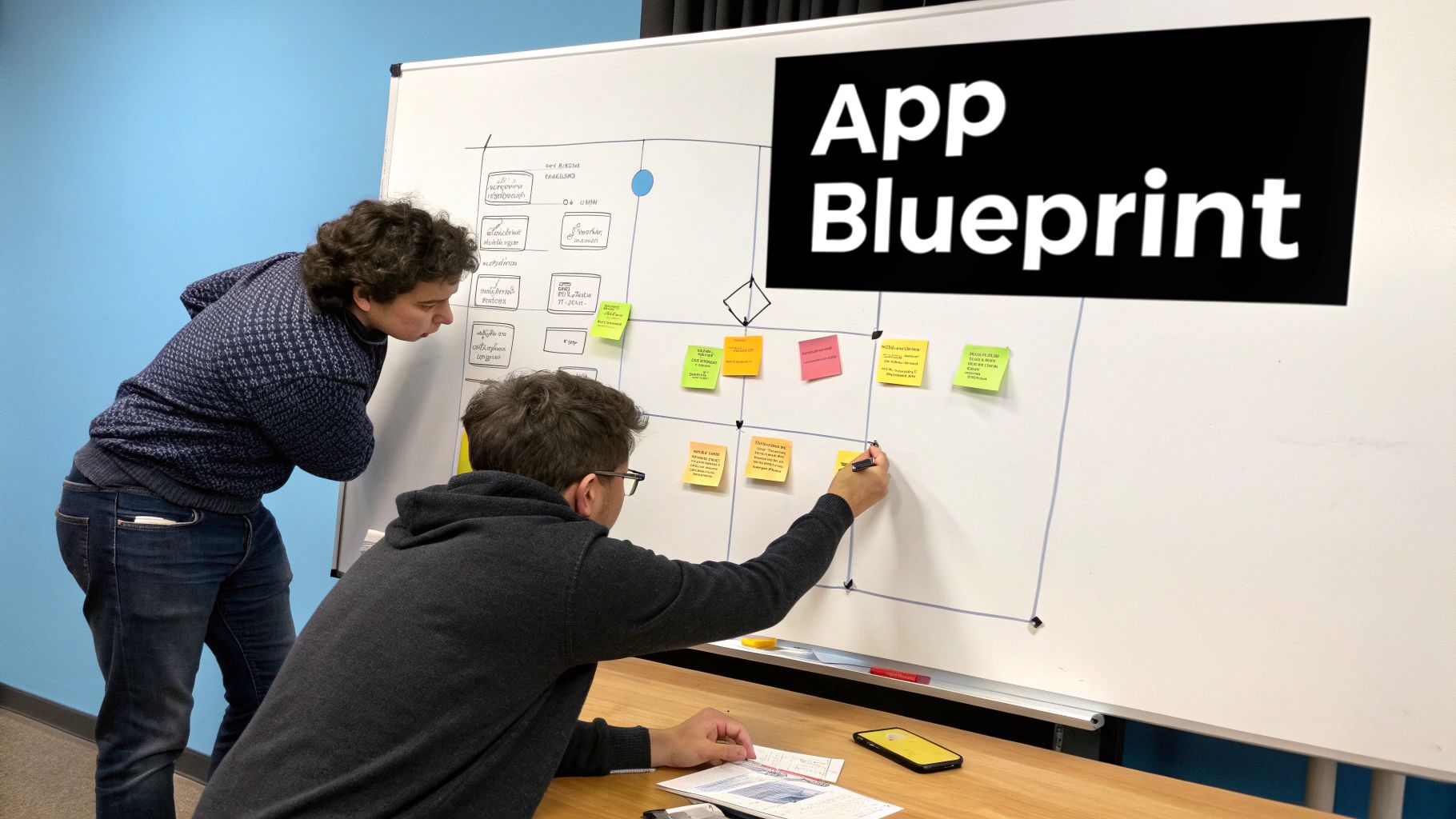 Two developers collaborate on a whiteboard, sketching an app blueprint with diagrams and sticky notes.