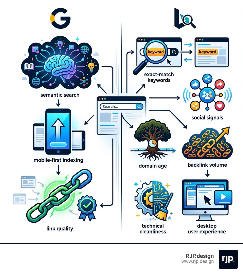 Infographic comparing Google and Bing ranking factors: Google prioritizes semantic search, mobile-first indexing, and link quality; Bing emphasizes exact-match keywords, social signals, domain age, backlink volume, technical cleanliness, and desktop user experience - bing search optimization infographic 