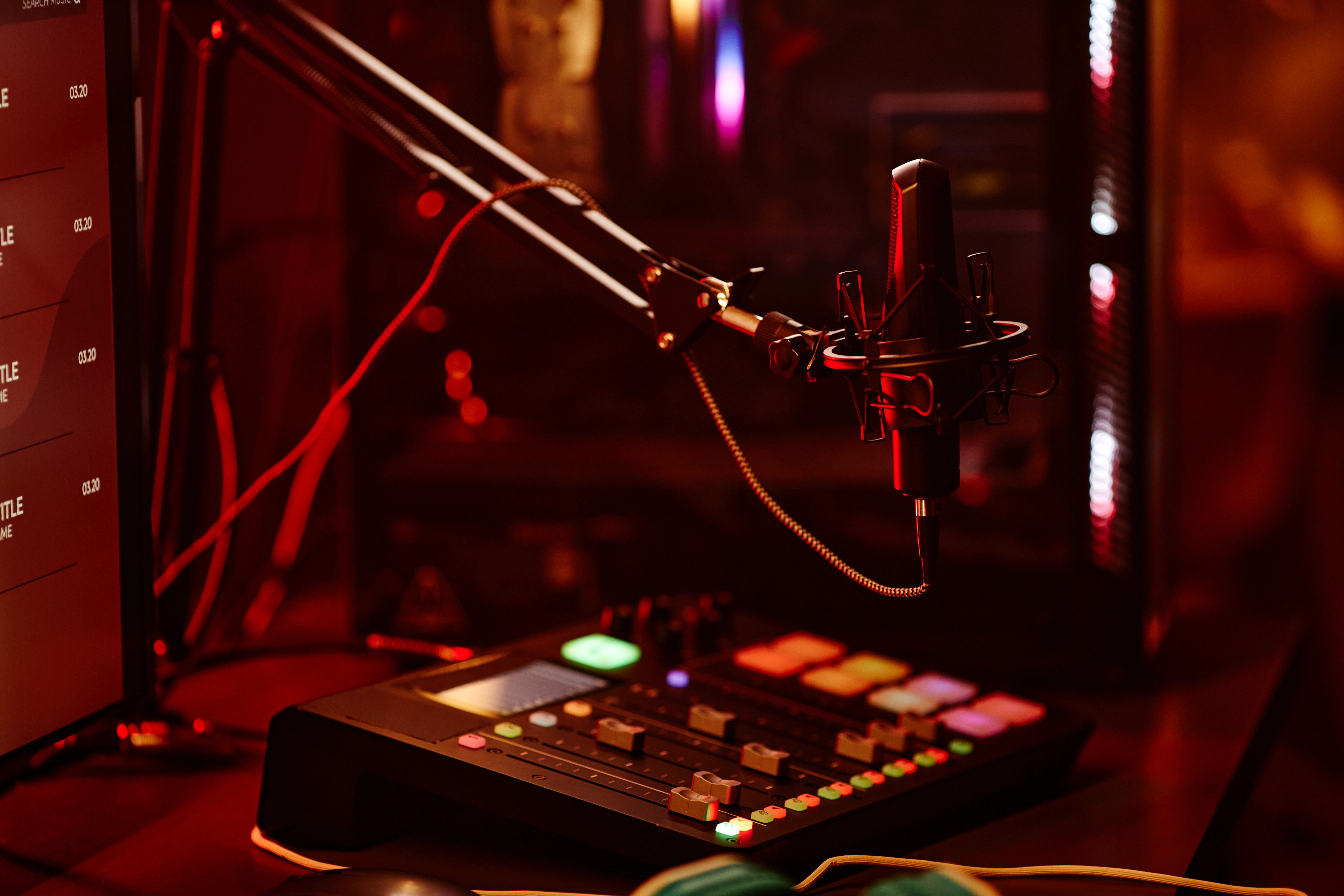Studio microphone and audio mixer set up for recording—representing audio engineers, podcast producers, and sound designers in a professional workspace.