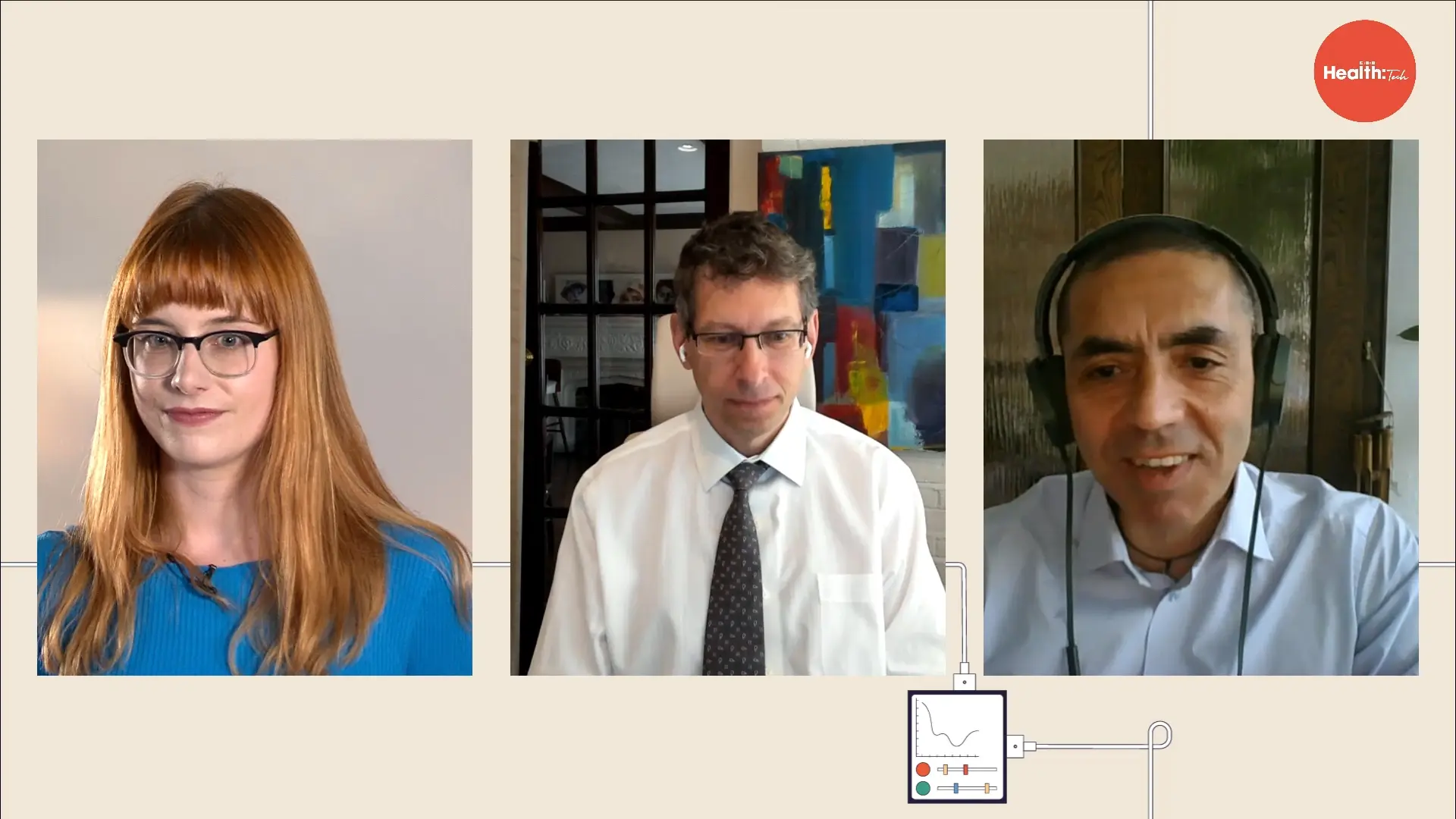 Split-screen view of WIRED Health Tech panel discussion with host and remote speakers joining from different locations.