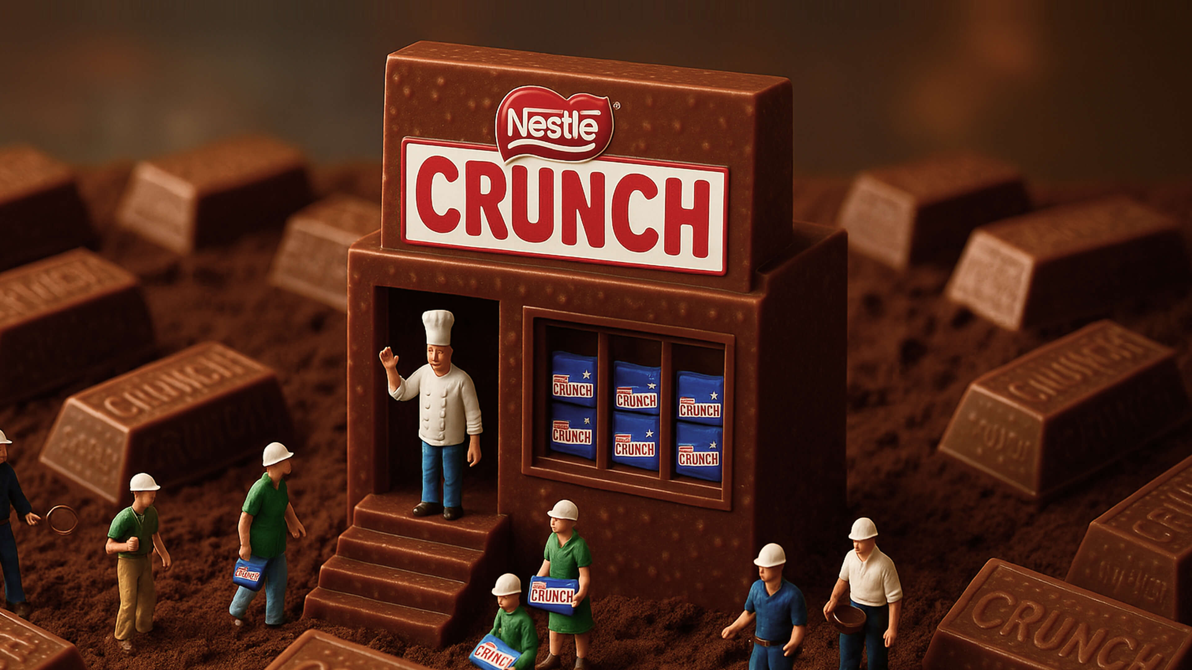 Miniature chocolate factory scene with Nestlé Crunch bars, tiny workers, and chef figure greeting at entrance; playful design for Cikolatam.com microsite.