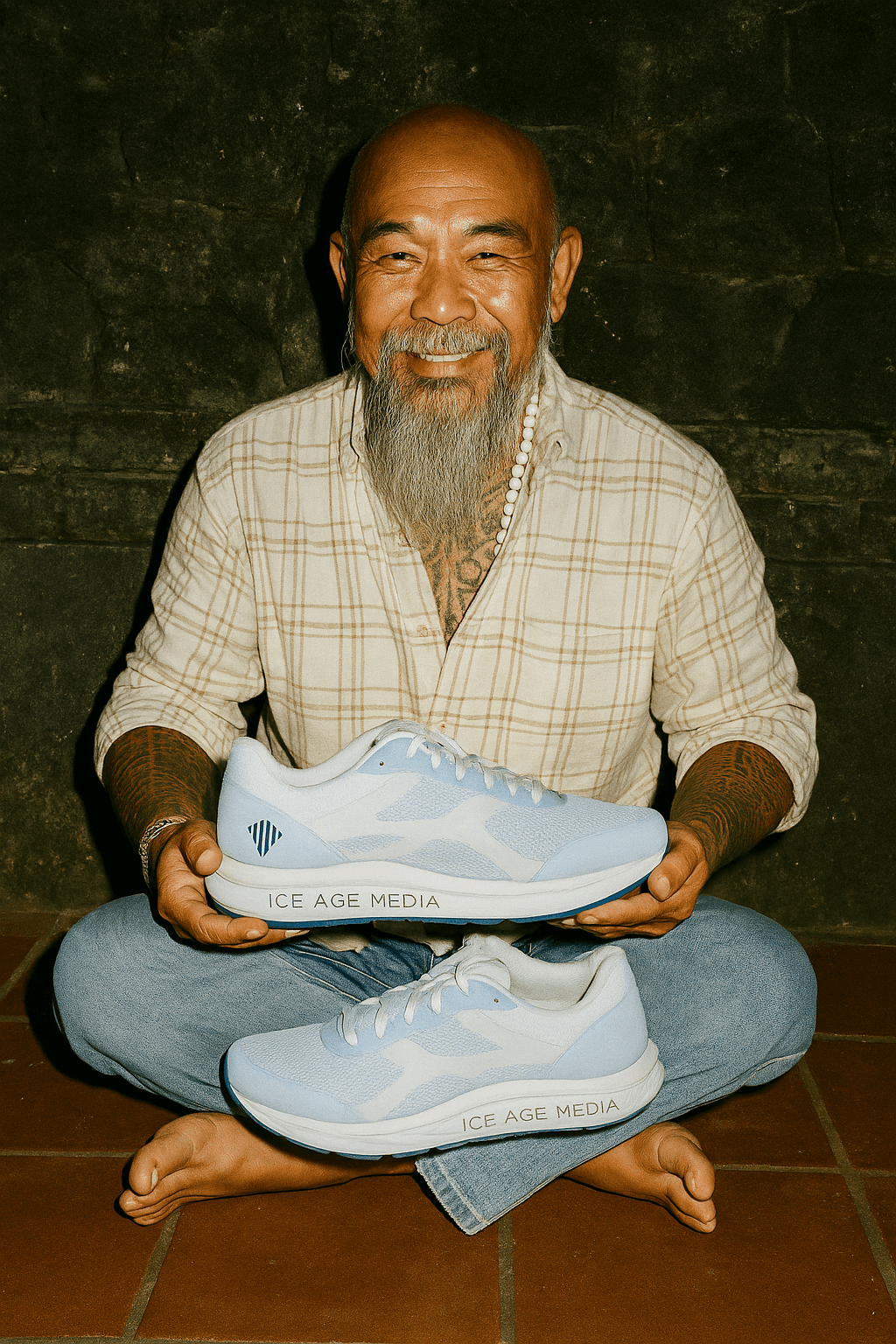 Alter Yoga Lehrer mit Ice Age Media Schuhen