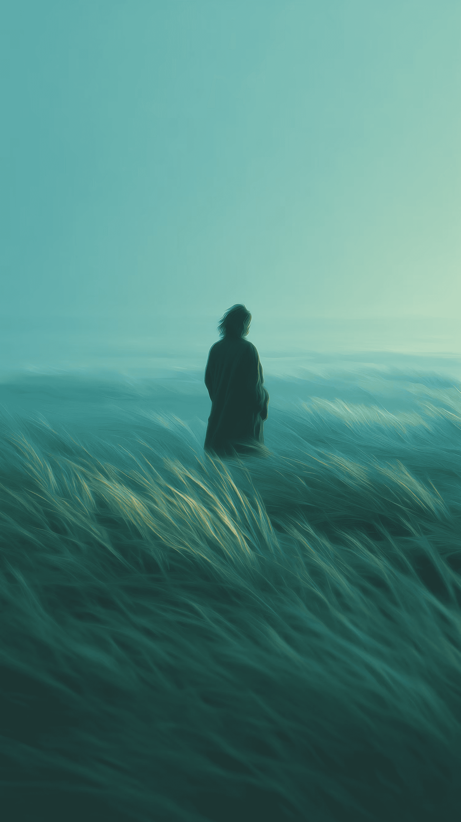 A serene scene of a lone figure in a flowing grassy field under a teal sky, evoking calm and introspection.