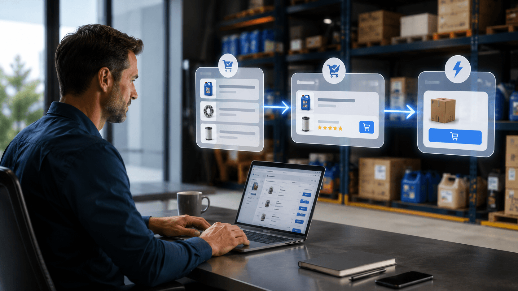 Cena realista em 3D de um comprador B2B trabalhando em um notebook em frente a um estoque organizado. Interfaces digitais flutuantes mostram histórico de compras, recomendações automáticas de produtos e um fluxo simplificado de recompra com poucos cliques. Setas conectam as etapas da jornada de compra, destacando praticidade, reposição rápida e recorrência de pedidos em um ambiente corporativo moderno e tecnológico.