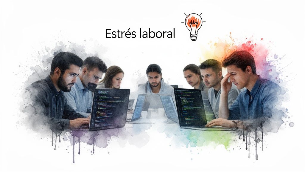 Grupo de programadores estresados trabajando en laptops, con el texto 'Estrés laboral' y un icono de bombilla.