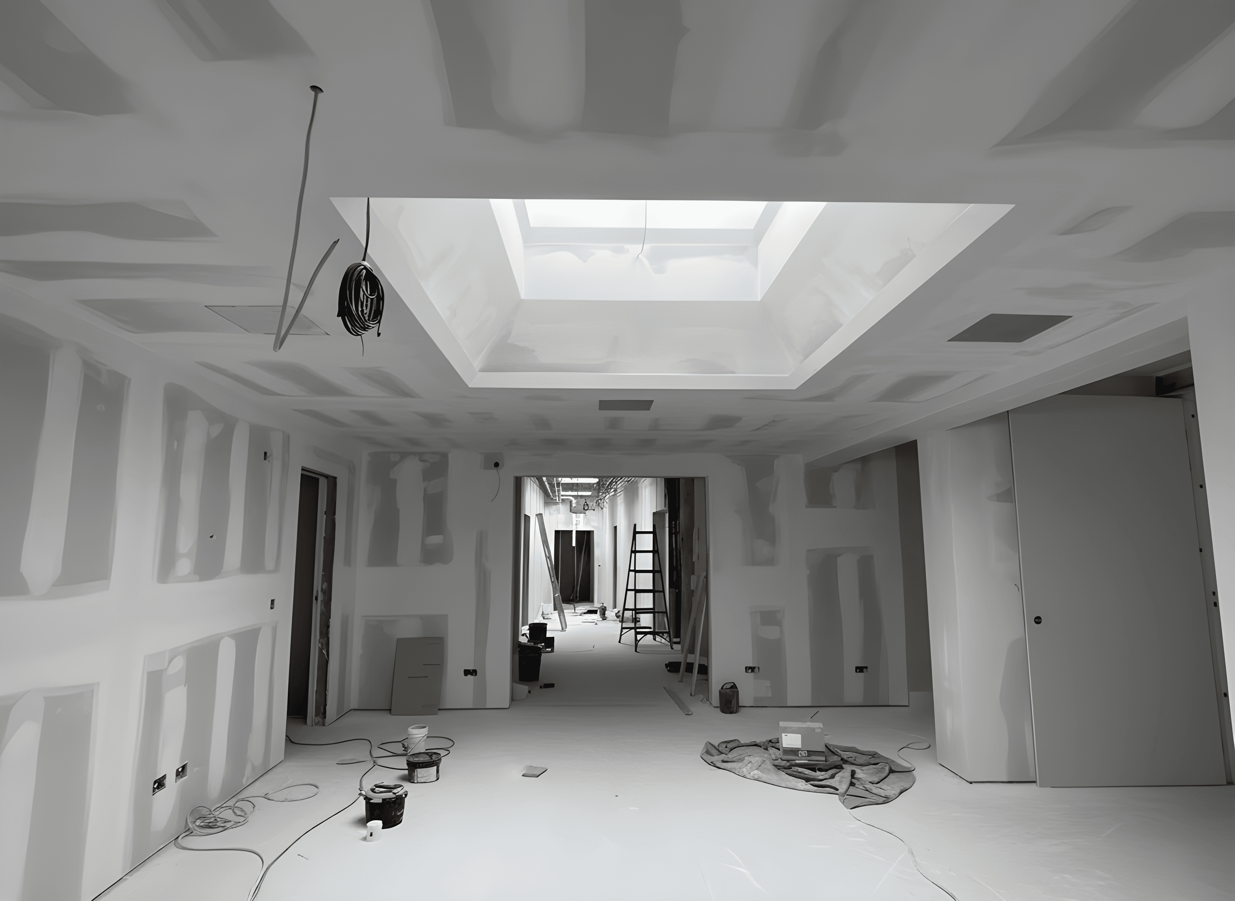 Moderner Innenausbau mit Trockenbau und Lichtkuppel – Sanierung eines Wohnraums in Wien.
