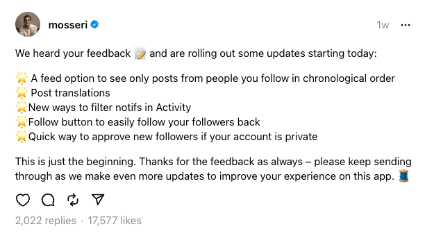 a tweet explaining the new product updates for the Threads app