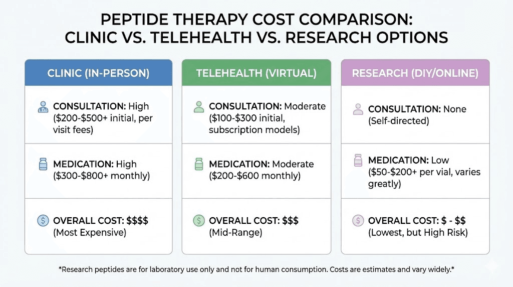 Peptide therapy cost comparison clinic vs telehealth vs research