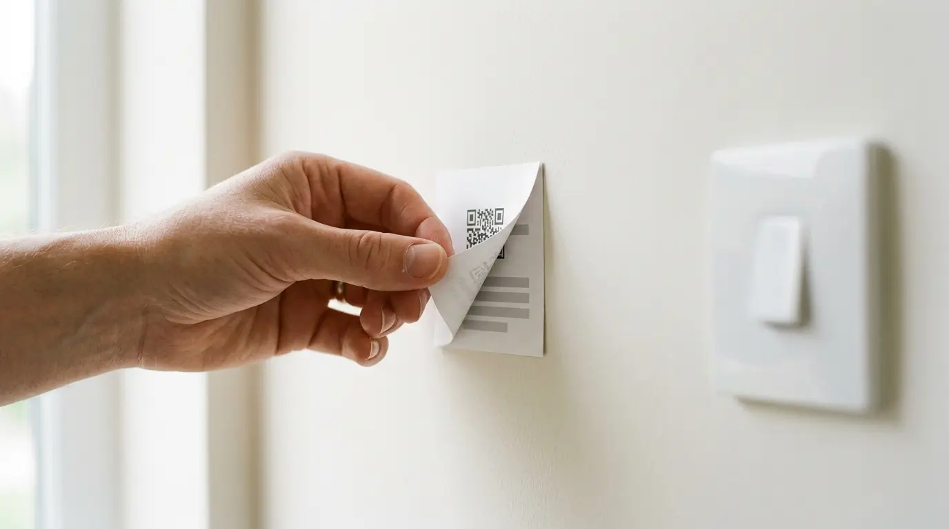 A hand lifting a small printed card with a QR code cleanly away from a freshly painted pale wall in a well-kept room.