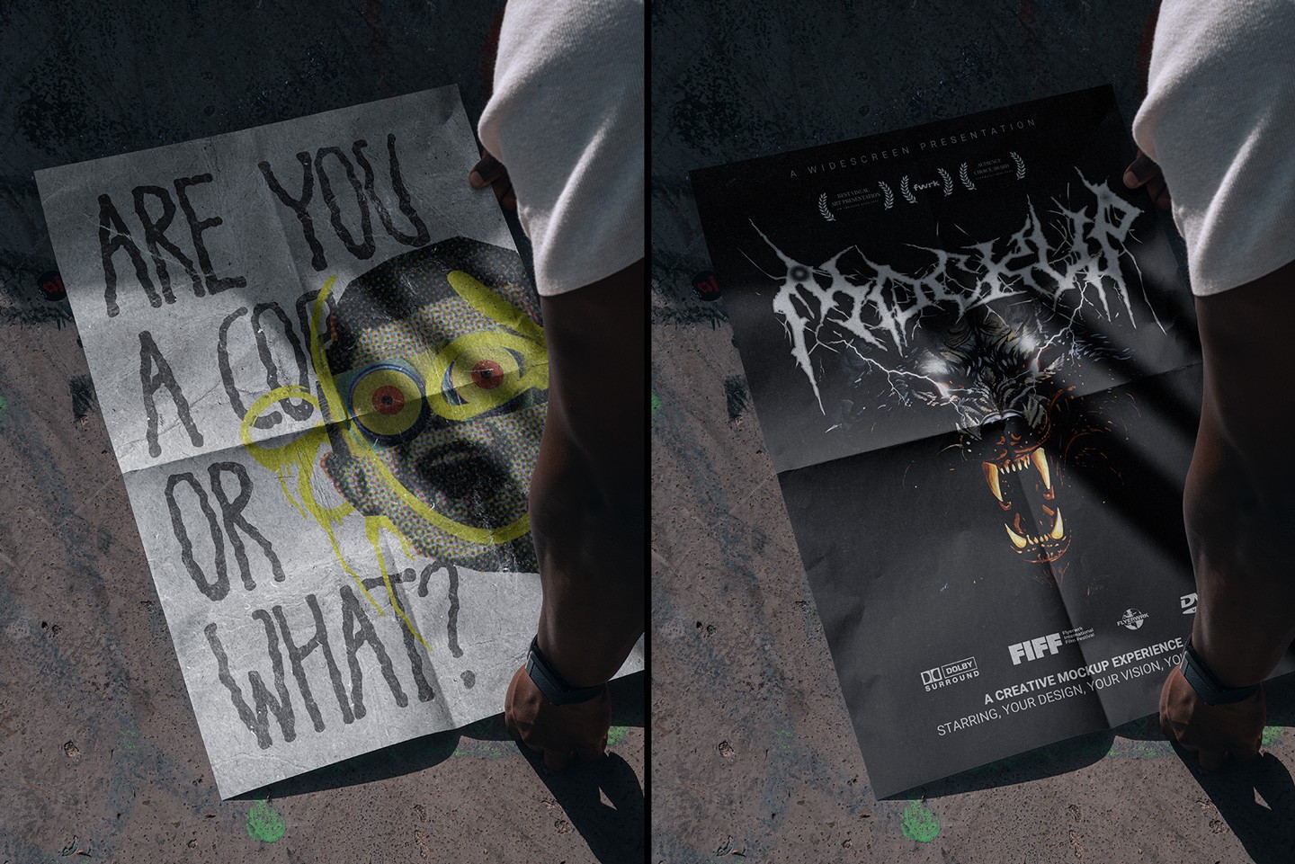 Outdoor A2 Poster Mockup showcasing illustrative street art and heavy metal style posters on a gritty urban surface