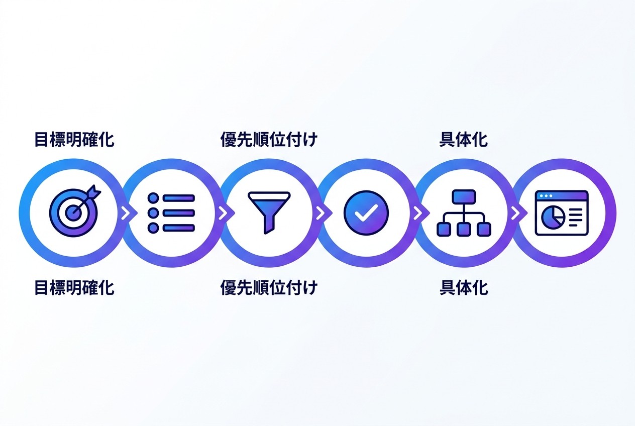 KGI設定の標準的な6ステップフロー。目標明確化から計測体制構築まで、各段階を順序立てて進めることで、実効性の高いKGI設計が可能になる。