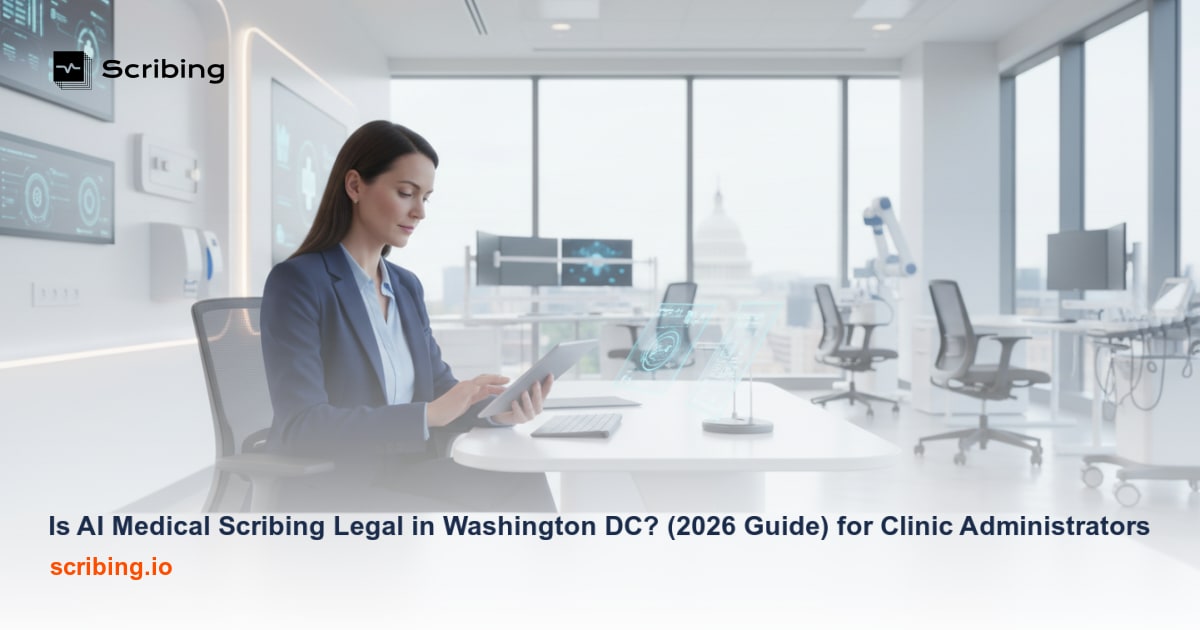 Modern Washington DC medical office with computer and Capitol view representing AI medical scribing compliance and privacy in healthcare clinics