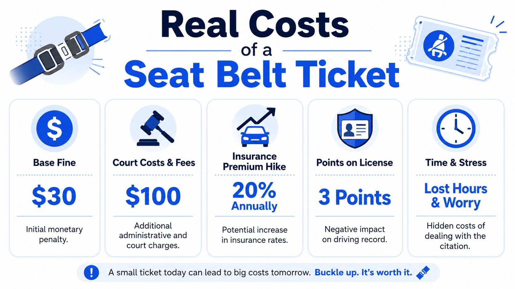 An infographic detailing the financial and personal costs associated with receiving a seat belt violation ticket.
