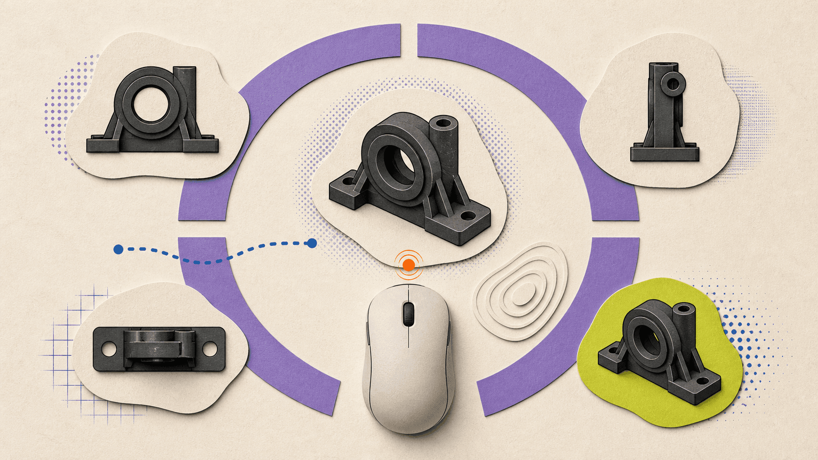 Blank computer mouse surrounded by four mechanical CAD model views and gesture paths
